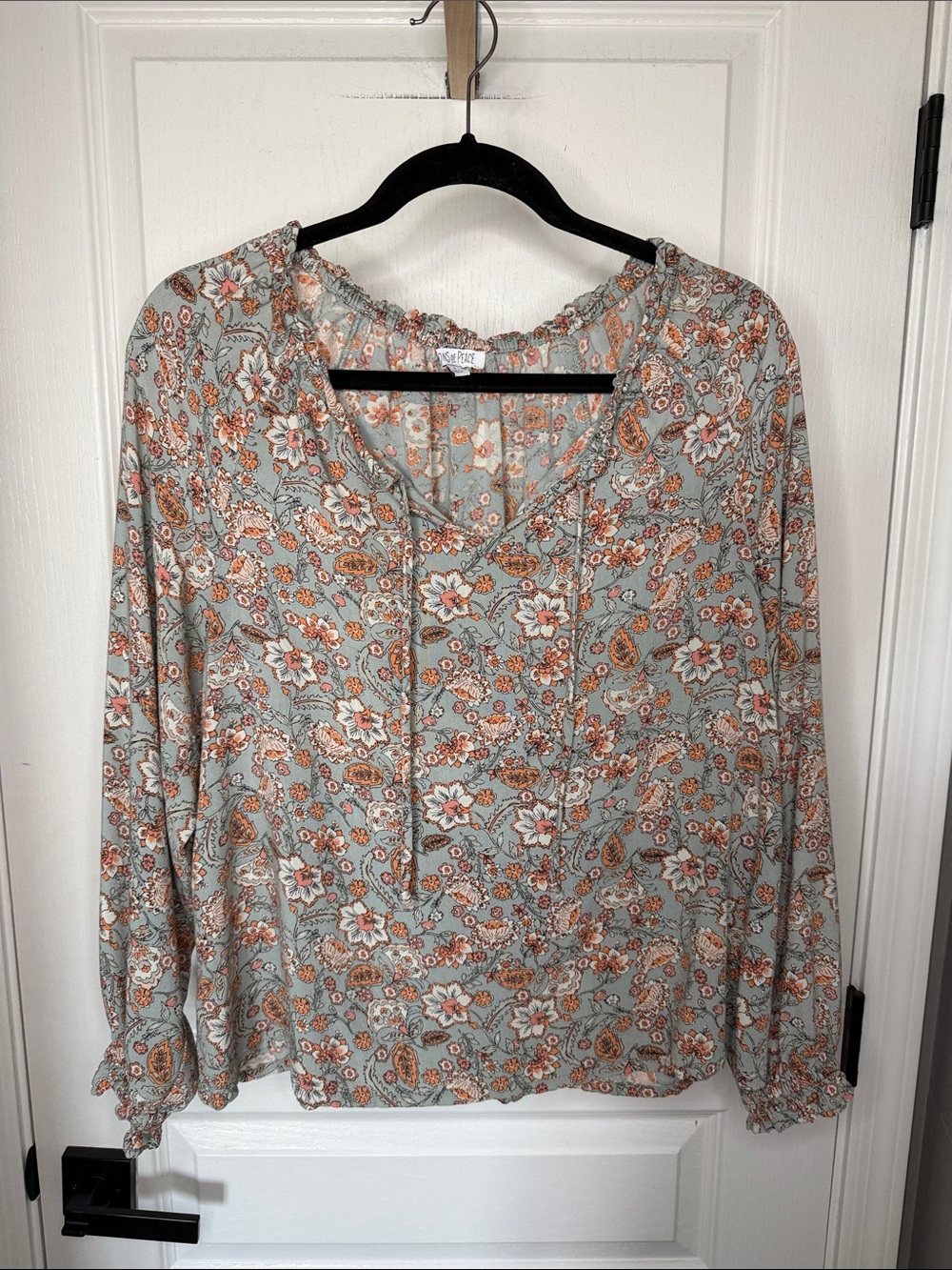 Patrons of Peace Sage Floral Tie-Neck Blouse with Rust and Cream Accents